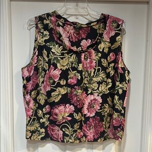 Talbots Floral Sleeveless Blouse - Pink and Green on Black